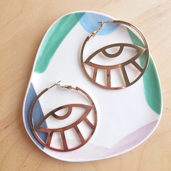 Gold Plated Eyes Hoop Earrings - Picture 2 of 3